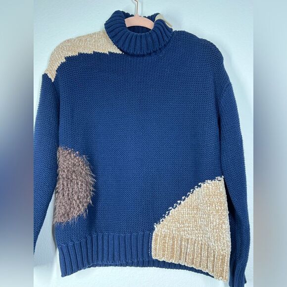 Turtleneck Sweater Miss Capitan size S cotton blue beige brown - Picture 1 of 13